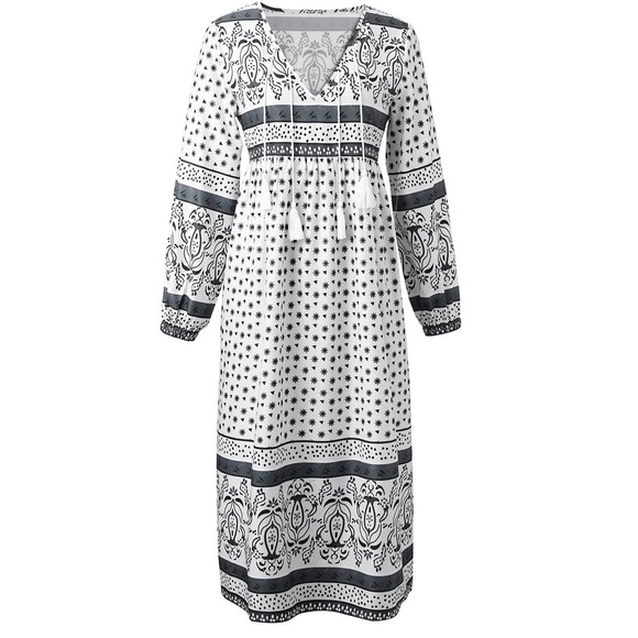 Hawalili Patterned Long Sleeve Maxi Boho V-Neck White Black Dress - Picture 1 of 10
